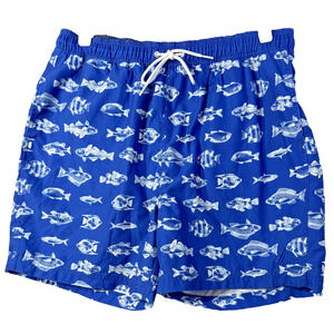 NWOT Nautica Mens SwimTrunks L Blue Fish Print Drawstring Mesh Lined Beach Short
